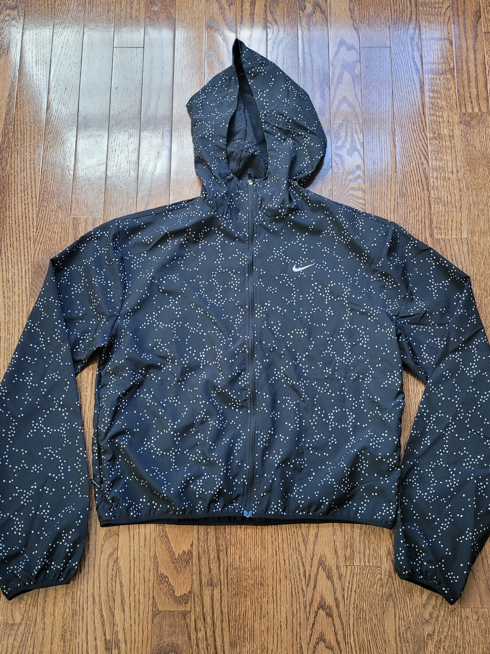 Nike Black Hooded Running Jacket with White Dot Pattern